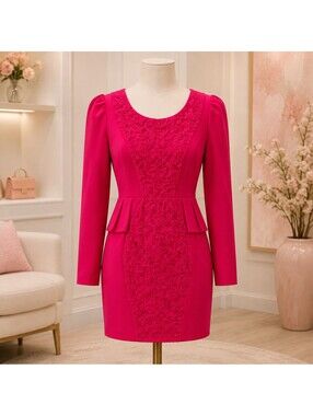 Qin Xiang Red Floral Applique Peplum Long Sleeve Mini Dress